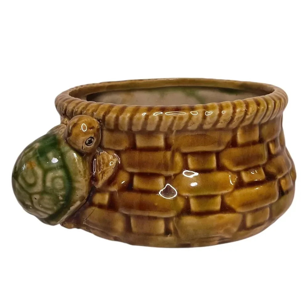Vintage Ceramic Majolica Round Pottery Planter With Turtles Basket Weave Design